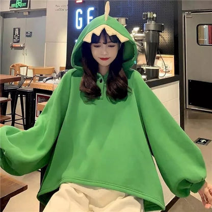 Cute 3D Dinosaur Cartoon Costume Loose Fleece Hoodie Jacket Sweatshirt Aesthetic Casual E-Girl Kawaii Korean Japanese Harajuku