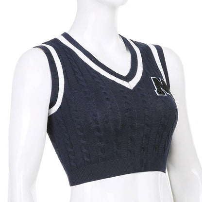 Preppy Letter Print Knit Tank Sweater Vest Sleeveless V Neck Vintage Crop Top Pullover Summer Aesthetic Casual E-Girl Kawaii Korean Japanese Harajuku