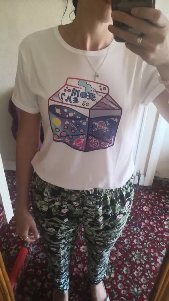 Cute Japanese Galaxy Milk Carton Print Graphic Casual Short Sleeve Shirt Tee T-shirt E-Girl Kawaii Korean Japanese Harajuku Retro Streetwear Aesthetic
