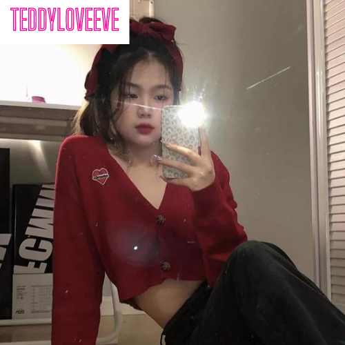 Red Cropped V Neck Sweater