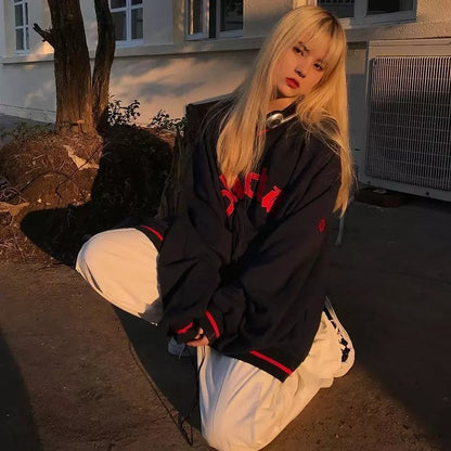 Black Letter Embroidery V Neck Long Sleeve Sweater