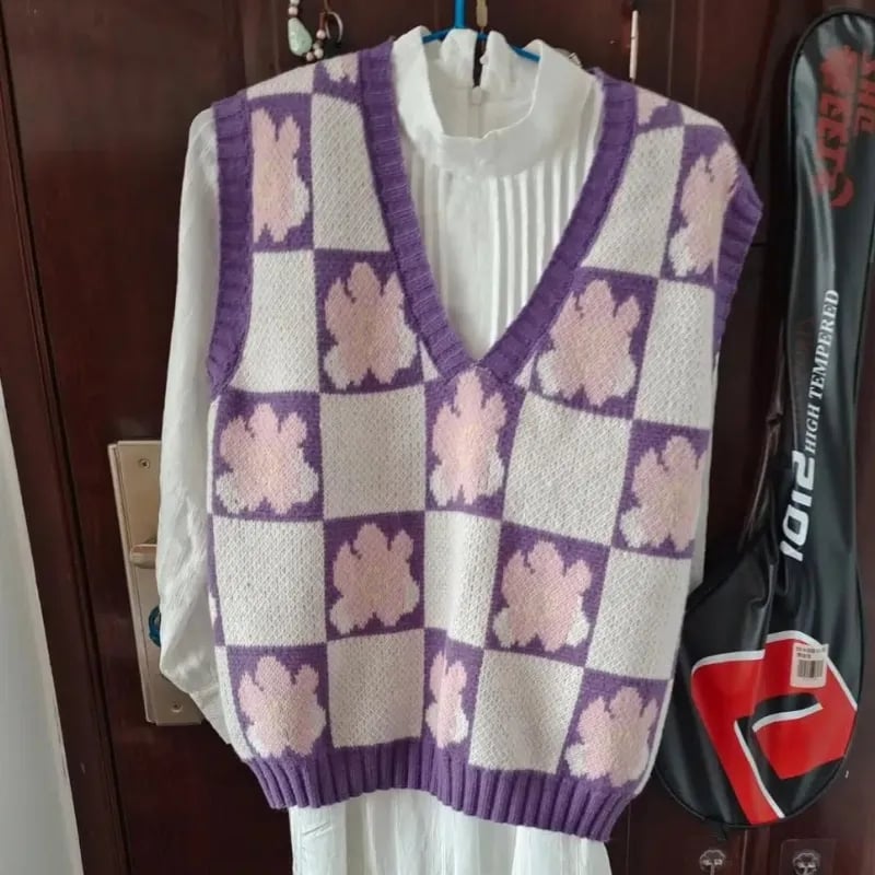 Purple Flower Knit Sweater Vest