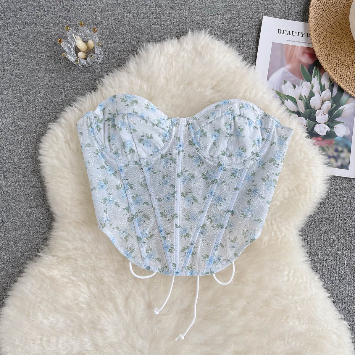 Blue Floral Lace Up Backless Corset Top