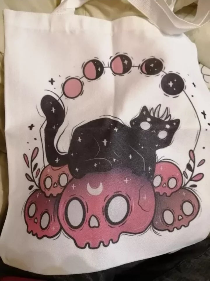 Cute Cat Skull Print Reusable Shopping Bag Canvas Tote Shoulder Bag Aesthetic Casual E-Girl Kawaii Korean Japanese Harajuku