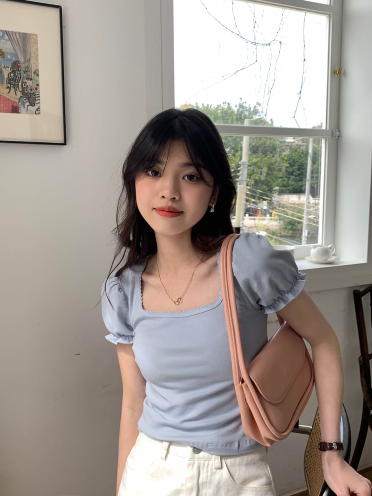 Blue Puff Sleeve Square Collar Top