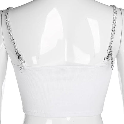 Sexy Barb Wire Print Sleeveless Shirt Crop Top Tank Camisole Metal Chain Strap Casual Punk Summer E-Girl Kawaii Korean Japanese Harajuku Streetwear