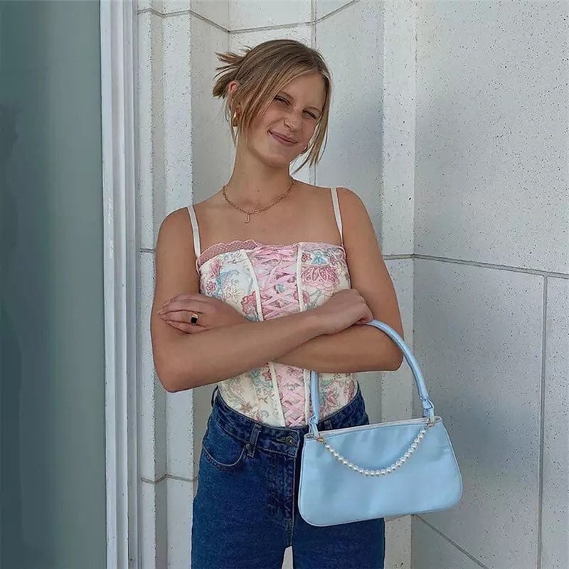 Pink Floral Print Corset Bandage Bustier Crop Top Sleeveless Shirt Summer Aesthetic Casual E-Girl Kawaii Korean Japanese Harajuku