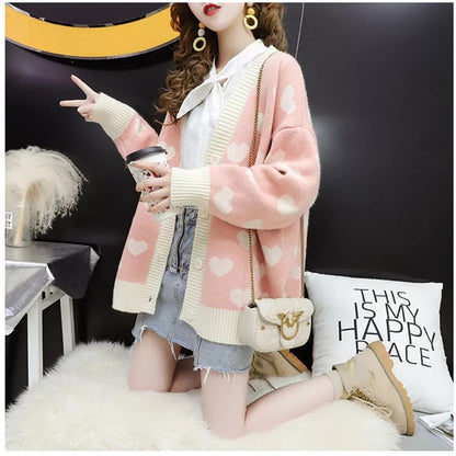 Sweet Heart Print Button Cardigan
