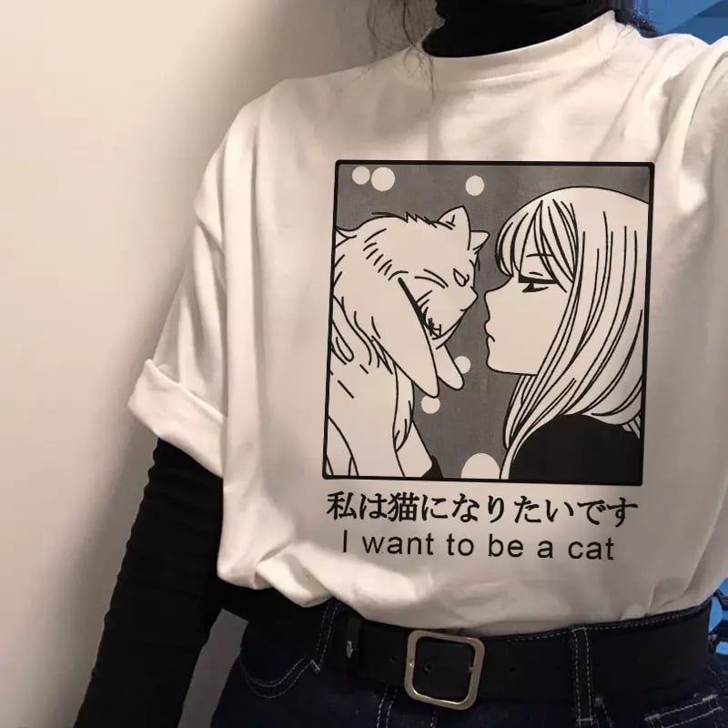 Cute Vintage Sweet Funny Cat Anime Girl Print Loose Short Sleeve Short T-shirt Tee Top Summer Casual E-Girl Kawaii Korean Japanese Harajuku Streetwear