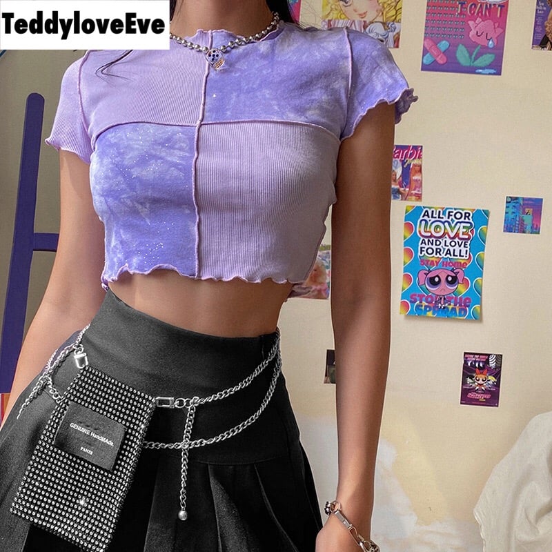 Cute Purple Sequin Ruffle Hem Patchwork Sexy Crop Top Short Sleeve Shirt Tee T-shirt Summer Casual E-Girl Kawaii Korean Japanese Harajuku Streetwear