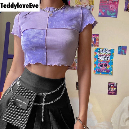 Cute Purple Sequin Ruffle Hem Patchwork Sexy Crop Top Short Sleeve Shirt Tee T-shirt Summer Casual E-Girl Kawaii Korean Japanese Harajuku Streetwear