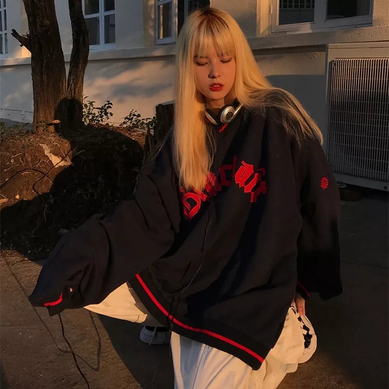 Black Letter Embroidery V Neck Long Sleeve Sweater