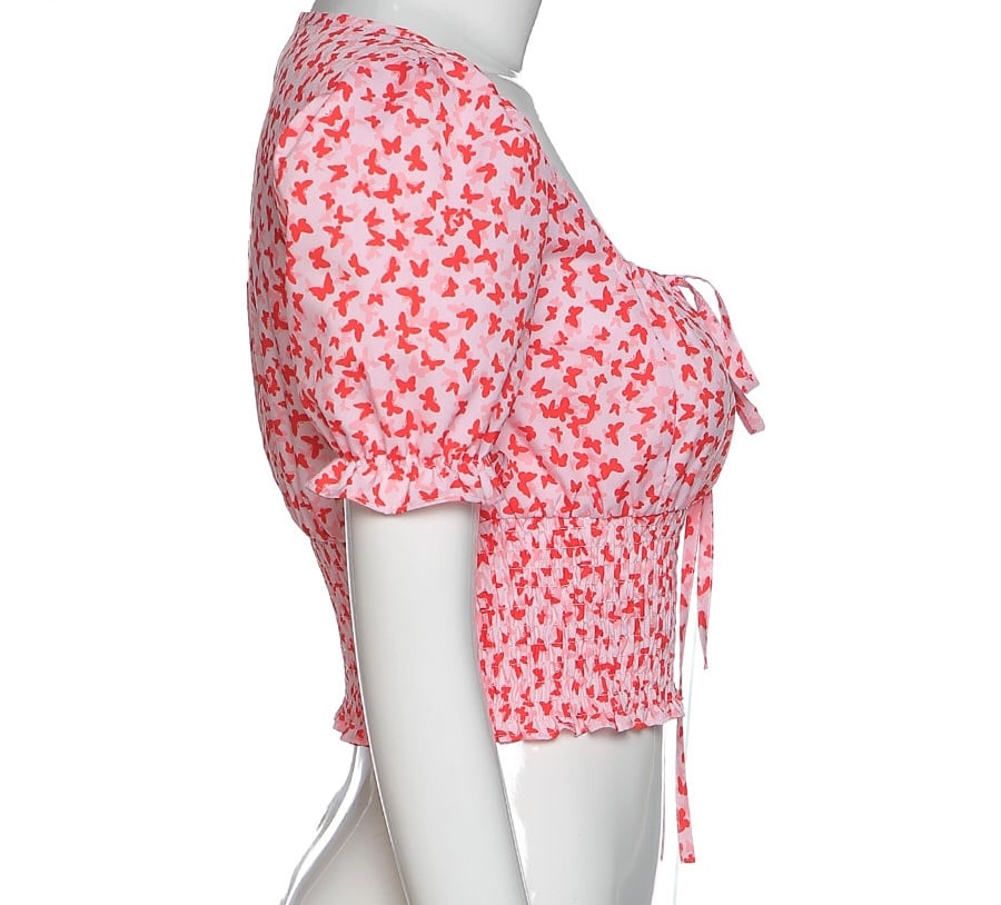 Cute Floral Butterfly Puff Tie Up Crop Top Short Sleeve Shirt Tee T-shirt Kawaii Korean Japanese Harajuku Chinese Retro Streetwear Aesthetic Fashion