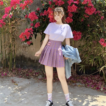 Cute Preppy Purple Plaid High Waisted Mini Skirt Summer Casual School Girl E-Girl Kawaii Korean Japanese Harajuku Streetwear