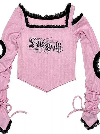 Pink Goth Bandage Hollow Out Long Sleeve T-shirt