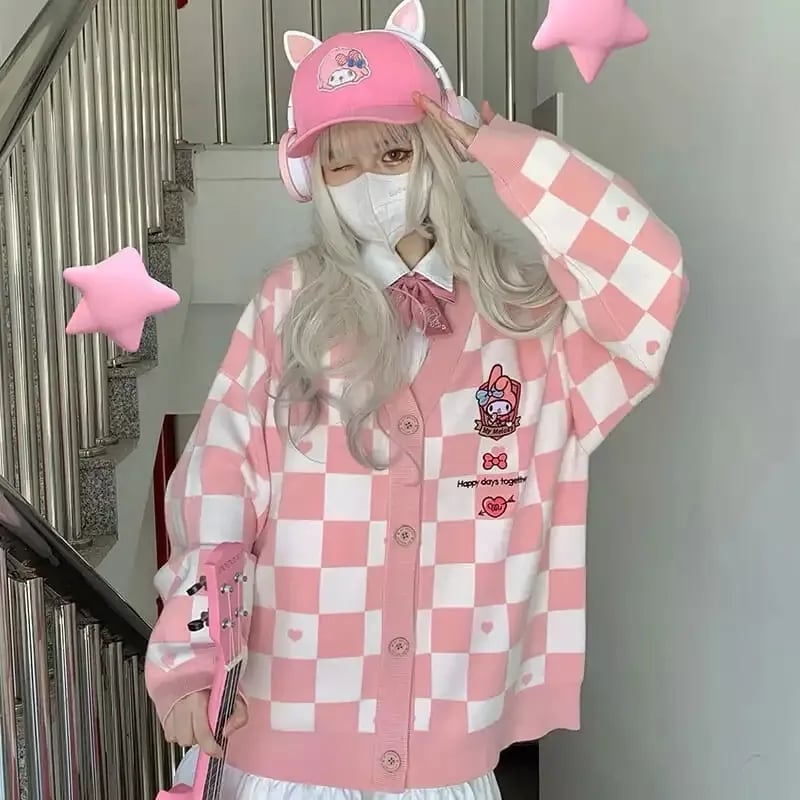 Japanese Anime Embroidery Checkboard Sweater