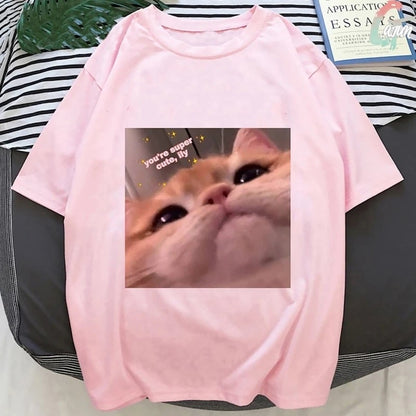 Cute Pink Funny Cat Kitten Meme Cartoon Print Loose Short Sleeve Short T-shirt Tee Top Summer Casual E-Girl Kawaii Korean Japanese Harajuku Streetwear