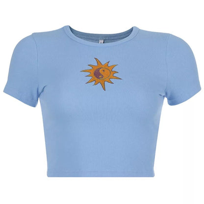 Cute Ying Yang Sun Embroidery Short Sleeve Shirt Crop Top Tee T-shirt E-Girl Kawaii Korean Japanese Harajuku Chinese Retro Streetwear Aesthetic
