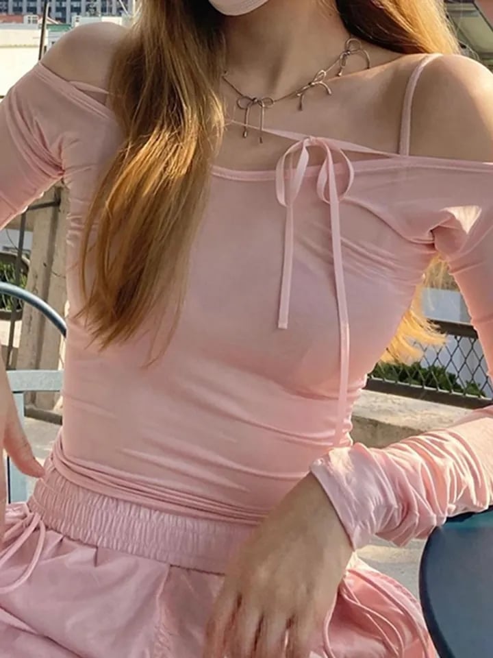 Pink Bow Off Shoulder Long Sleeve Top