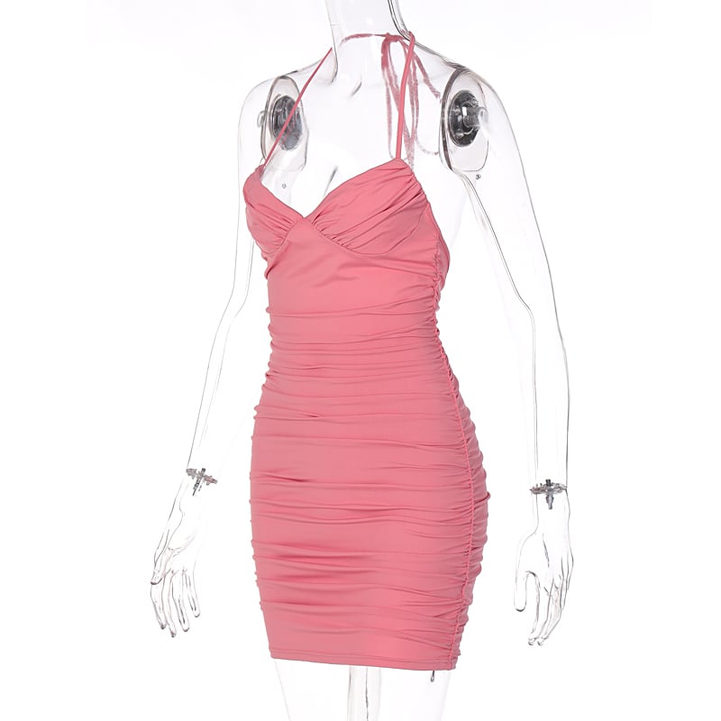 Pink Pleated Halter Bodycon Mini Dress