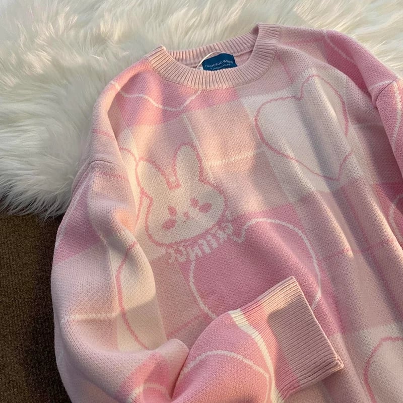 Cute Pink Bunny Rabbit Cartoon Knit Sweater Long Sleeve Pullover Jumper Aesthetic Casual E-Girl Kawaii Korean Japanese Harajuku