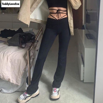 Cute Sexy Black High Waisted Thin Bandage Wrap Tie Pant Trousers Joggers E-Girl Kawaii Korean Japanese Harajuku Chinese Retro Streetwear Aesthetic