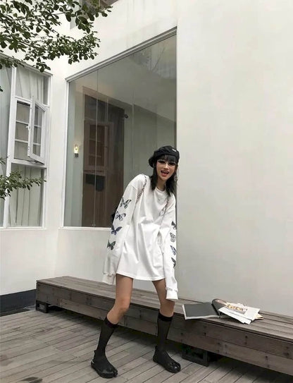 Cute Vintage White Butterfly Print Long Sleeve Shirt Sweatshirt Loose Oversized Autumn Aesthetic E-Girl Kawaii Korean Japanese Harajuku Streetwear
