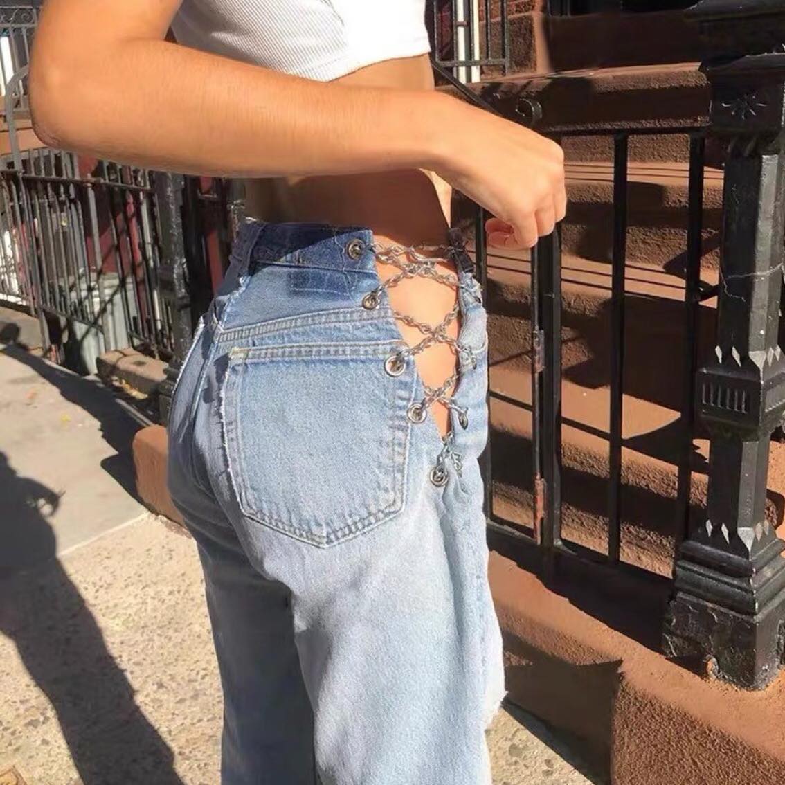 Chain High Waist Straight Denim Jeans Legs Light Blue Pants Summer Aesthetic Casual E-Girl Kawaii Korean Japanese Harajuku