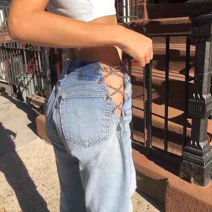 Chain High Waist Straight Denim Jeans Legs Light Blue Pants Summer Aesthetic Casual E-Girl Kawaii Korean Japanese Harajuku