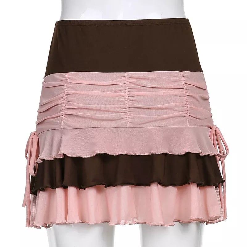 Brown Vintage Patchwork Pleated Ruffle Mini Skirt