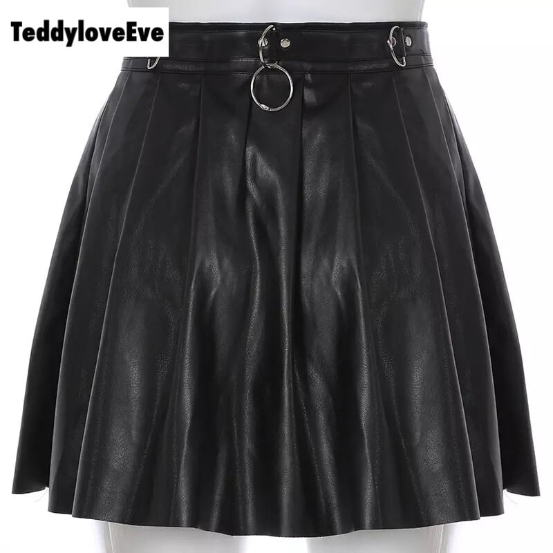 Sexy Black Goth Grunge Punk Summer Zipper Rivet Pleated PU Skirt Metal Ring Hallow Out E-Girl Kawaii Korean Japanese Harajuku Streetwear