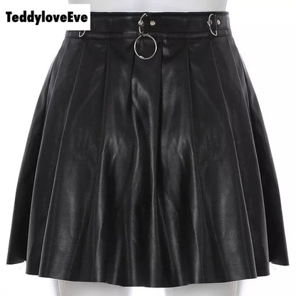 Sexy Black Goth Grunge Punk Summer Zipper Rivet Pleated PU Skirt Metal Ring Hallow Out E-Girl Kawaii Korean Japanese Harajuku Streetwear