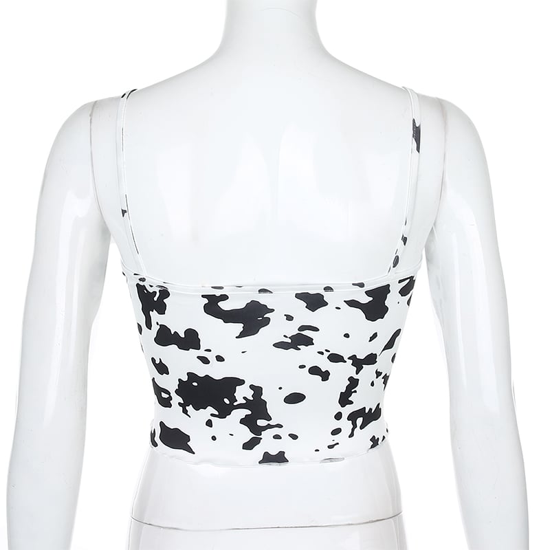 Cute Sexy Cow Print Patchwork Lace Tank Crop Top Shirt Tee T-shirt Club E-Girl Kawaii Korean Japanese Harajuku Chinese Retro Streetwear Aesthetic