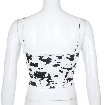 Cute Sexy Cow Print Patchwork Lace Tank Crop Top Shirt Tee T-shirt Club E-Girl Kawaii Korean Japanese Harajuku Chinese Retro Streetwear Aesthetic