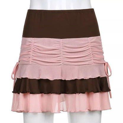 Brown Vintage Patchwork Pleated Ruffle Mini Skirt