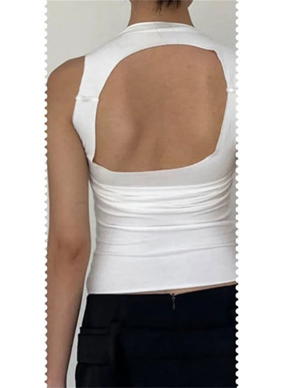 White Pleated Backless Tank Top