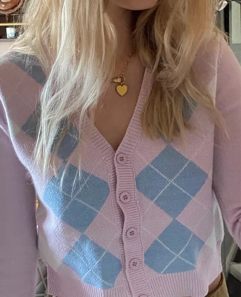 Cute Pink Geometrical Chic Vintage Knit Cardigan Sweater Top Shirt Winter Autumn E-Girl Kawaii Korean Japanese Harajuku Chinese Retro Streetwear