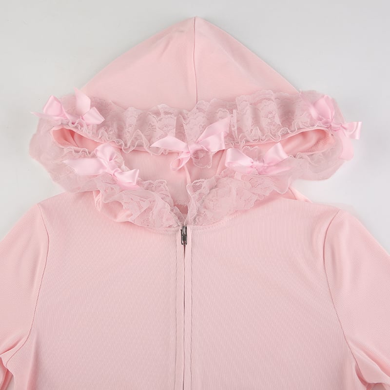 Pink Lace Ruffle Hem Cropped Zipper Hoodie