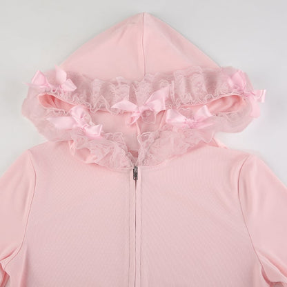 Pink Lace Ruffle Hem Cropped Zipper Hoodie