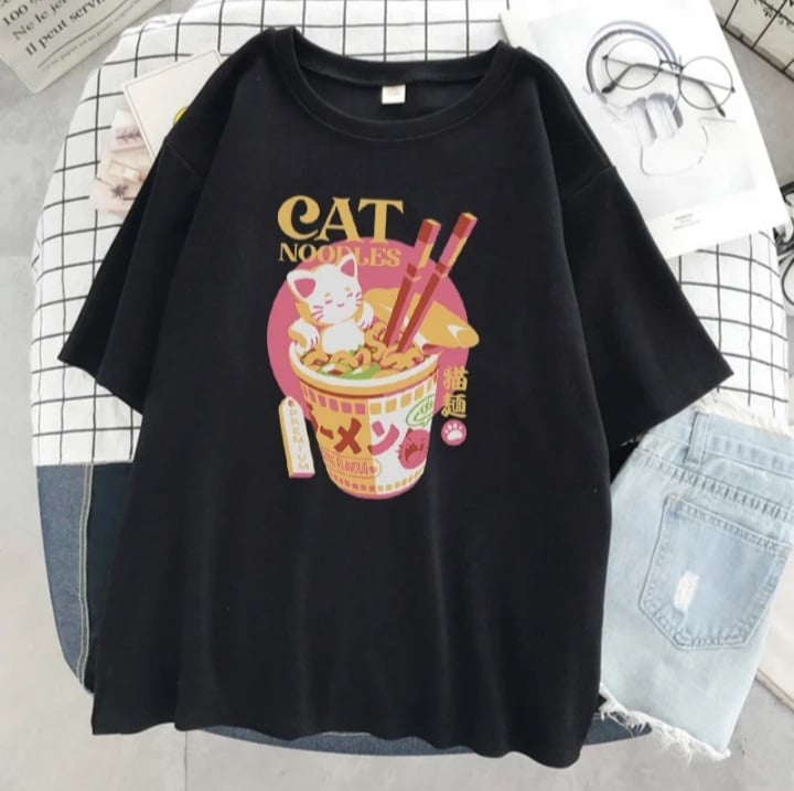 Cute Cat Noodle Ramen Graphic Cartoon Print Loose Short Sleeve T-shirt Aesthetic Casual Summer E-Girl Kawaii Korean Japanese Harajuku