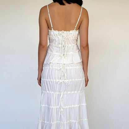 2PCS White Ruffle Camisole + High Waist Long Skirt