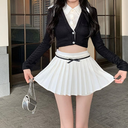 Preppy Pleated Bow Patchwork Mini Skirt