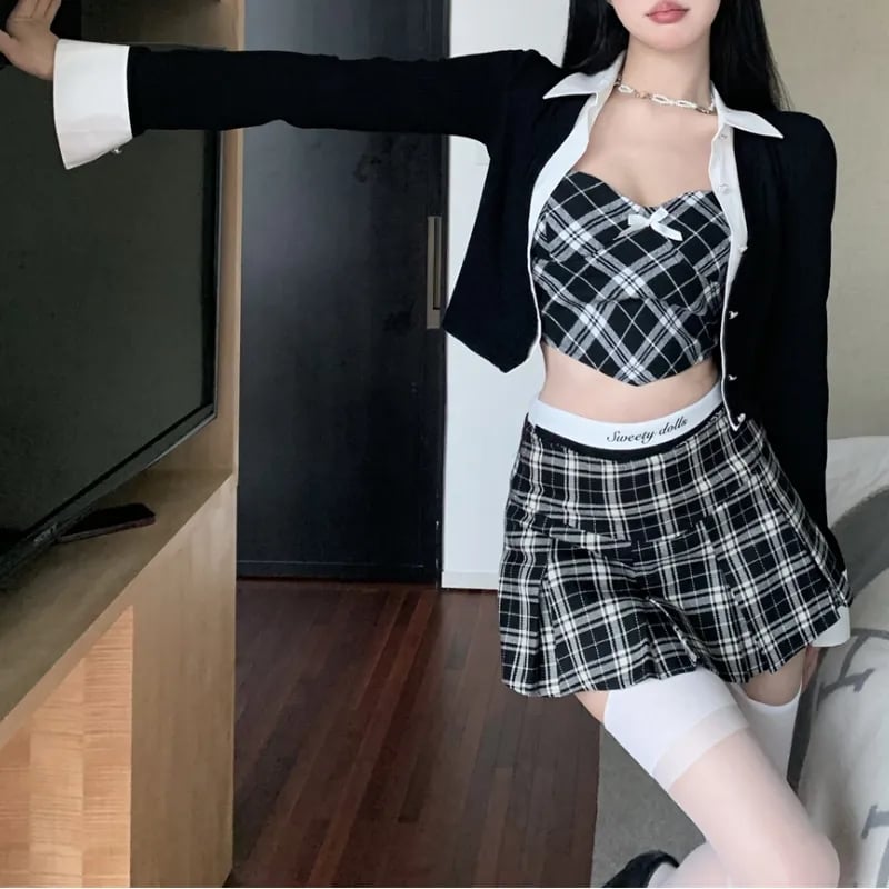 3PCS Plaid Patchwork Camisole + Pleated Skirt + Long Sleeve Shirt