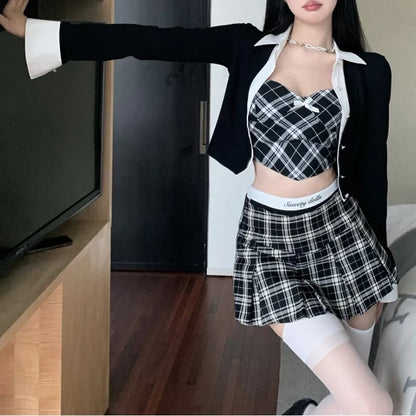 3PCS Plaid Patchwork Camisole + Pleated Skirt + Long Sleeve Shirt