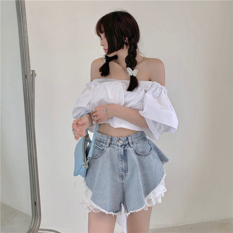 2pcs Blue Denim Lace High Waist Shorts