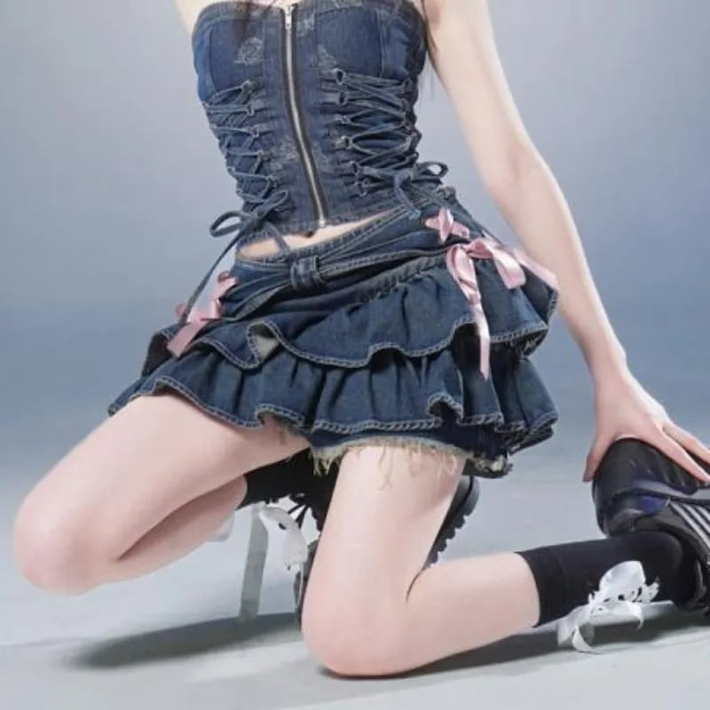 Denim Ruffle Pink Ribbon A-Line Mini Skirt