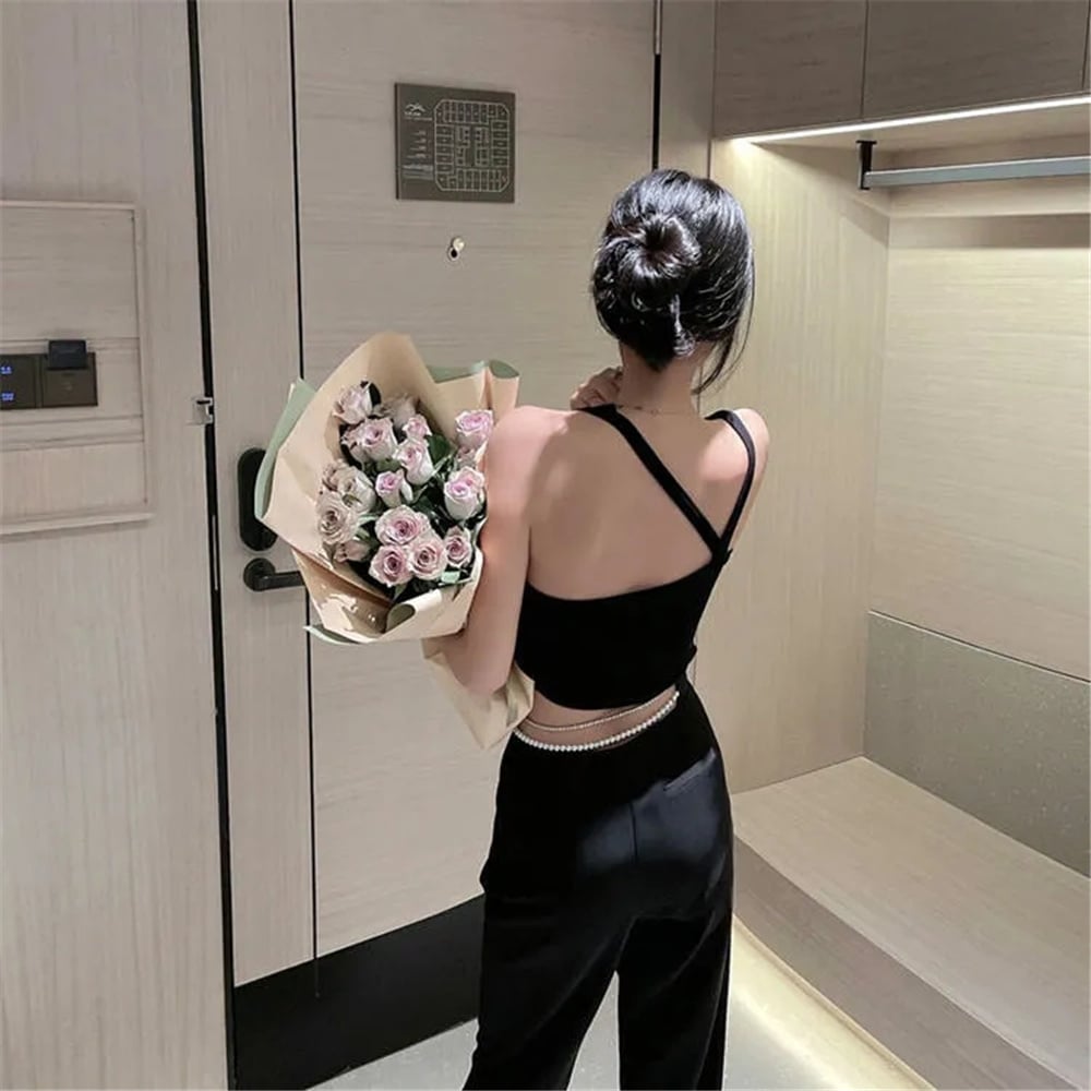 Pearl Rhinestone Black High Waist Pants