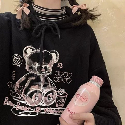 Cute Black Bear Cartoon Print Loose Long Sleeve Hoodie Sweatshirt Sweater Pullover Jumper Punk Goth E-Girl Kawaii Korean Japanese Harajuku Streetwear