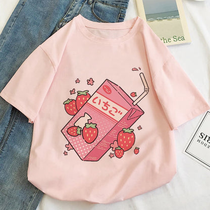 Cute Pink Strawberry Juice Box Graphic Cartoon Print Loose Short Sleeve Short T-shirt Top Casual E-Girl Kawaii Korean Japanese Harajuku Streetwear