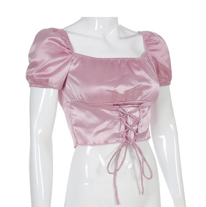 Cute Vintage Pink Silky Satin Short Sleeve Shirt Crop Top Lace Up Elegant Aesthetic Casual Summer E-Girl Kawaii Korean Japanese Harajuku